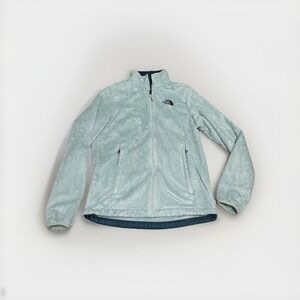 North Face Womens Jacket Medium Teal Turquoise Fuzzy Plush Fleece Zip Up Coat